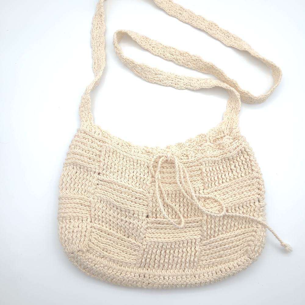 Vintage Cream Crochet Knit Shoulder Bag Boho Y2K Minimalist Purse